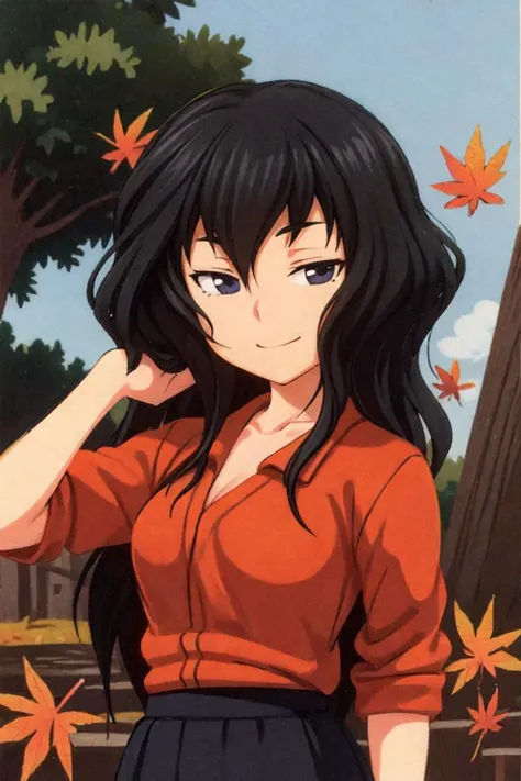 soviet_matchbox_art, stamp, halftone, 80s anime style, vintage, grainy, upper body, 1girl, Benkei long black wavy hair, long skirt, cardigan, slight smile, clouds, sky, autumn, trees, autumn leaves, looking at viewer, <lora:soviet_matchbox_art, stamp, halftone,:1> <lora:cute style, pink mushroom flowers:0.6> <lora:Benkei:1>