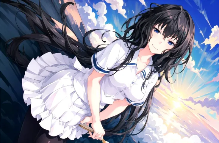 best quality, masterpiece, 1girl, girl focus, solo, looking at viewer, black hair, rolling eyes, (cleavage:0.5), smile, facing viewer, arms behind back, full body, sky, cloud,brush, benkei,white skirt with blue vertical lines,pantyhose black, sunset , <lora:Eyes1 to 0.4 benkei:1>