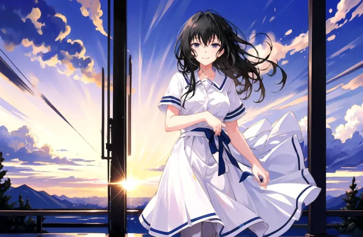best quality, masterpiece, 1girl, girl focus, solo, looking at viewer, black hair, rolling eyes, (cleavage:0.5), smile, facing viewer, arms behind back, full body, sky, cloud,brush, benkei,white skirt with blue vertical lines,pantyhose black, sunset , <lora:Eyes1 to 0.4 benkei:1>