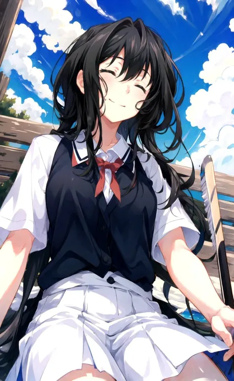 best quality, masterpiece,   1girl, girl focus, solo, looking at viewer, black hair,closed eyes, smile, facing viewer, sky, cloud,brush, benkei,  <lora:Eyes1 to 0.4 benkei:1>