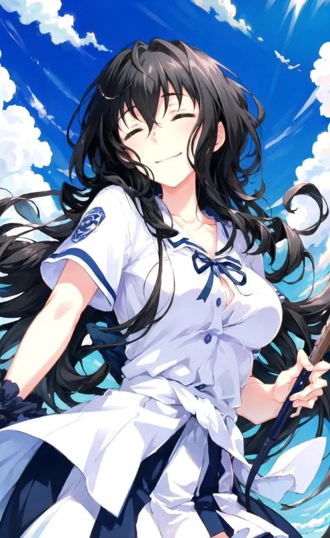 best quality, masterpiece,   1girl, girl focus, solo, looking at viewer, black hair,closed eyes, smile, facing viewer, sky, cloud,brush, benkei,  <lora:Eyes1 to 0.4 benkei:1>