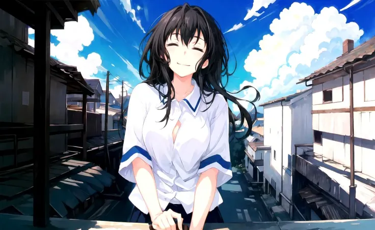 best quality, masterpiece, 1girl, girl focus, solo, looking at viewer, black hair,closed eyes, smile, facing viewer, sky, cloud,brush, benkei, <lora:Eyes1 to 0.4 benkei:1>