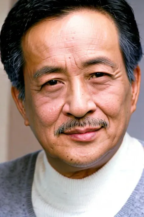 best quality, masterpiece, Asian men,mole, solo, lips, grey_background, mole_under_eye, realistic, upper_body, looking_at_viewer, black_hair, brown_eyes, sweater, forehead, nose, turtleneck, old man, 65 yeas old, <lora:guanhaishan:0.8>
