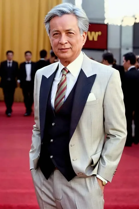 a men as a movie star, (portrait:1.2), (half body:1.2),(face focus:1), white hair,modelshoot style, (extremely detailed CG unity 8k wallpaper), Intricate, High Detail, Sharp focus, dramatic,photorealistic painting art by midjourney and greg rutkowski , ((movie premiere gala)), ((standing on the red carpet)), ((paparazzi in the background)), (looking at viewer), (detailed pupils:1.2), (elegant suit:1.3) , <lora:guanhaishan:0.8>