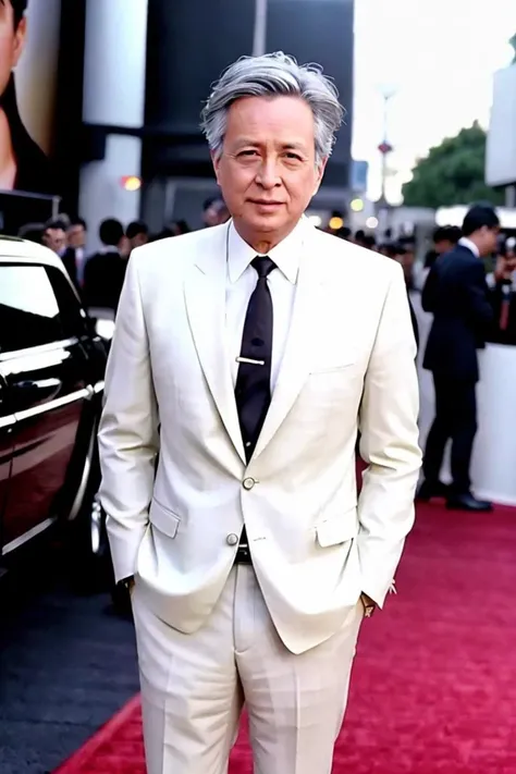 a men as a movie star, (portrait:1.2), (half body:1.2),(face focus:1), white hair,modelshoot style, (extremely detailed CG unity 8k wallpaper), Intricate, High Detail, Sharp focus, dramatic,photorealistic painting art by midjourney and greg rutkowski , ((movie premiere gala)), ((standing on the red carpet)), ((paparazzi in the background)), (looking at viewer), (detailed pupils:1.2), (elegant suit:1.3) , <lora:guanhaishan:0.8>