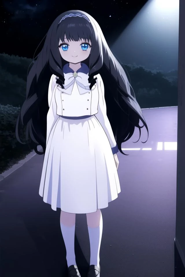 helona_1,blue eyes, black hair, long hair, hair bow, hairband, very long hair, drill hair, smirk, glowing right eye, night, (purple mist:1.2), tall female, full body, spotlight, BREAK
<lora:helona:0.8>
((cinematic light)), hyper detail, dramatic light, intricate details, (best quality:1.2), highly detailed,Anime, Moe, illustration, (wallpaper, masterpiece, best quality, ultra-detailed, best shadow), (detailed background:1.4), (beautiful detailed face, beautiful detailed eyes), high contrast, (best illumination, an extremely delicate and beautiful),