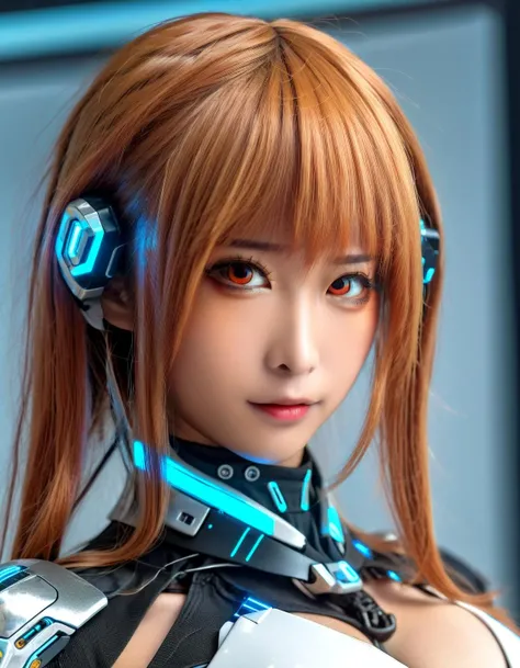 Cyberpunk Fantasy Art super close up, focus,(detailed face), (photorealistic), (masterpiece), (photography), (realistic skin texture), alluring woman chun momo,ginger, (very long hair with bang), paddock girl,, looking at viewer, (cleavage), , (front view), narrow waist futuristic suit cyborg style, cyborg, android, blurry background, blurred back DonMCyb3rN3cr0XL , techno-witch, cyborg, occultist, space_Girl,,, Cyberpunk, often for dystopian future, hackers, or neon aesthetics.