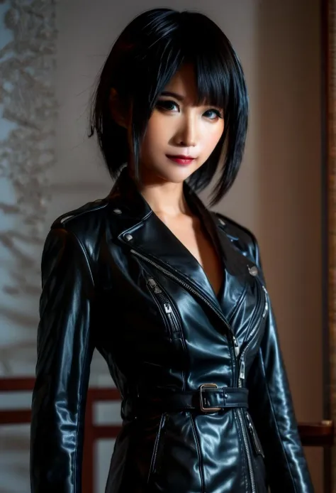 Sophisticated sensual tableaus, this portrait chun momo, wearing a formal dress and a biker jacket,, elevates eroticism to aesthetic heights, every image a seducing sublime masterpiece.