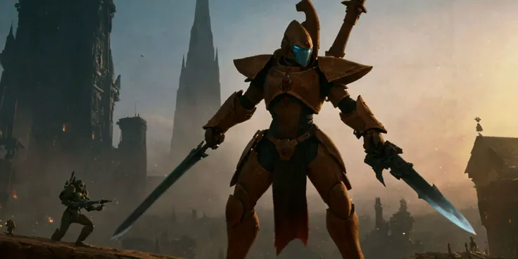 Generate a stunning art style, a true [masterpiece] [best quality] of art. The image showcases [detailed linework], [dynamic shading], and [dramatic lighting], bringing to life a [dreading atmosphere, grim dark coloures, action shot, cinematic composition] . In the background a [glass city, landscape, warhammer 40k] is to be seen in [grand:1.8, high-scale:1.8, panorama:1.8] from [from below]. A aeldari, solo:1.3 is [full body view, dynamic pose] in front of the edge of a tower. It is holding a [power_sword in its righthand]. It is wearing a [full armor,full face helmet, mask, guarding stones, pelvic curtain].
<lora:aeldari_xl_v1:1>