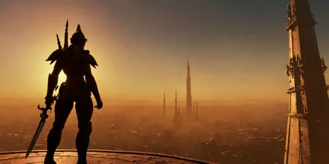Generate a stunning art style, a true [masterpiece] [best quality] of art. The image showcases [detailed linework], [dynamic shading], and [dramatic lighting], bringing to life a [dreading atmosphere, grim dark coloures, action shot, cinematic composition] . In the background a [glass city, landscape, warhammer 40k] is to be seen in [grand:1.8, high-scale:1.8, panorama:1.8] from [from below]. A aeldari, solo:1.3 is [full body view, dynamic pose] in front of the edge of a tower. It is holding a [power_sword in its righthand]. It is wearing a [full armor,full face helmet, mask,  pelvic curtain].
<lora:aeldari_xl_v1:1>