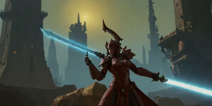 Generate a stunning art style, a true [masterpiece] [best quality] of art. The image showcases [detailed linework], [dynamic shading], and [dramatic lighting], bringing to life a [dreading atmosphere, grim dark coloures, action shot, cinematic composition] . In the background a [glass city, landscape, warhammer 40k] is to be seen in [grand:1.8, high-scale:1.8, panorama:1.8] from [from below]. A aeldari, solo:1.3 is [full body view, dynamic pose] in front of the edge of a tower. It is holding a [power_sword in its righthand]. It is wearing a [full armor,full face helmet, mask, guarding stones, pelvic curtain].
<lora:aeldari_xl_v1:1>