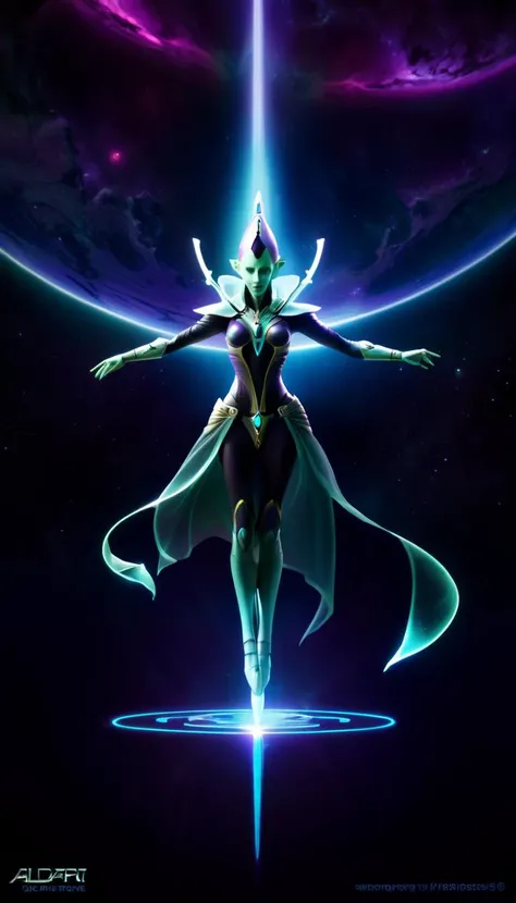 highly detailed color photo, rear angle, full body,close, close, of (female elf, wearing gold and silver costume, clouse-up, neon blue halo, face shield, neon blue light eyes), outdoors, (looking at advanced alien structure, in Middle-earth), toned body, big ass, (fantasy), (mountains: 1.1), (lush green vegetation), (3 moons in the sky: 0.8), (highly detailed, hyperdetailed, intricate), (lens flare:0.7), (bloom:0.7), particle effects, raytracing, diffuse cinematic lighting