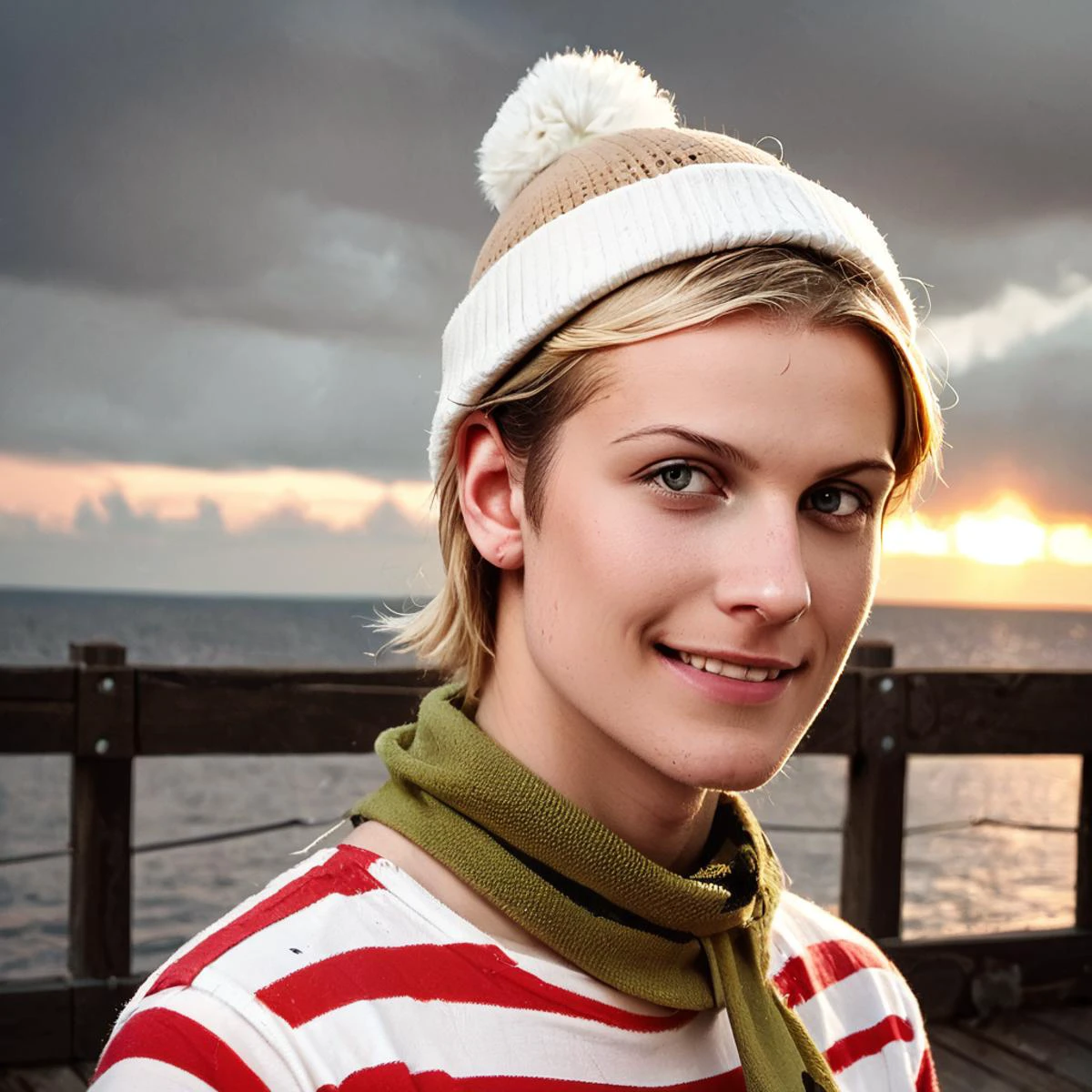 score_9, score_8_up, score_7_up, score_6_up, score_5_up, score_4_up, FLPJCK, photoshop \(medium\), pier, upper body, cloudy, 1boy, teen, blonde hair, (striped shirt:1.2), scarf, hat, serious, smile <lora:flpjckv2-50:1>