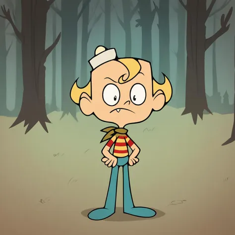 score_9, score_8_up, score_7_up, score_6_up, score_5_up, score_4_up, source_cartoon, toon \(style\),  FLPJCK, full body, (forest:1.3), 1boy, blonde hair, striped shirt, scarf, hat, blue pants, hand on hip, (confused:1.2), scratching head, <lora:flpjckv2-50:1>