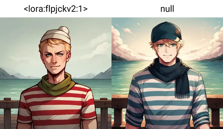 score_9, score_8_up, score_7_up, score_6_up, score_5_up, score_4_up, FLPJCK, pier, upper body, cloudy, 1boy, blonde hair, (striped shirt:1.2), scarf, hat, serious, smile <lora:flpjckv2:1>