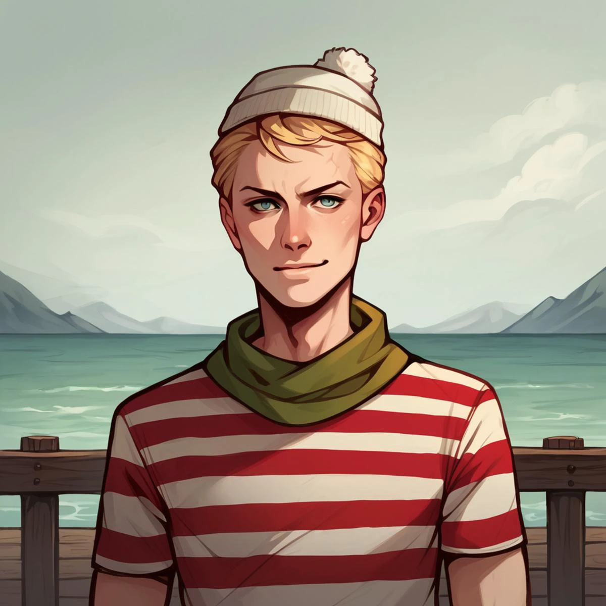 score_9, score_8_up, score_7_up, score_6_up, score_5_up, score_4_up, FLPJCK, pier, upper body, cloudy, 1boy, blonde hair, (striped shirt:1.2), scarf, hat, serious, smile <lora:flpjckv2-50:1>