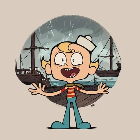 score_9, score_8_up, score_7_up, score_6_up, score_5_up, score_4_up, toon \(style\), FLPJCK, full body, storm, ship, 1boy, blonde hair, (striped shirt:1.2), scarf, hat, blue pants, scared <lora:flpjckv2-50:1>