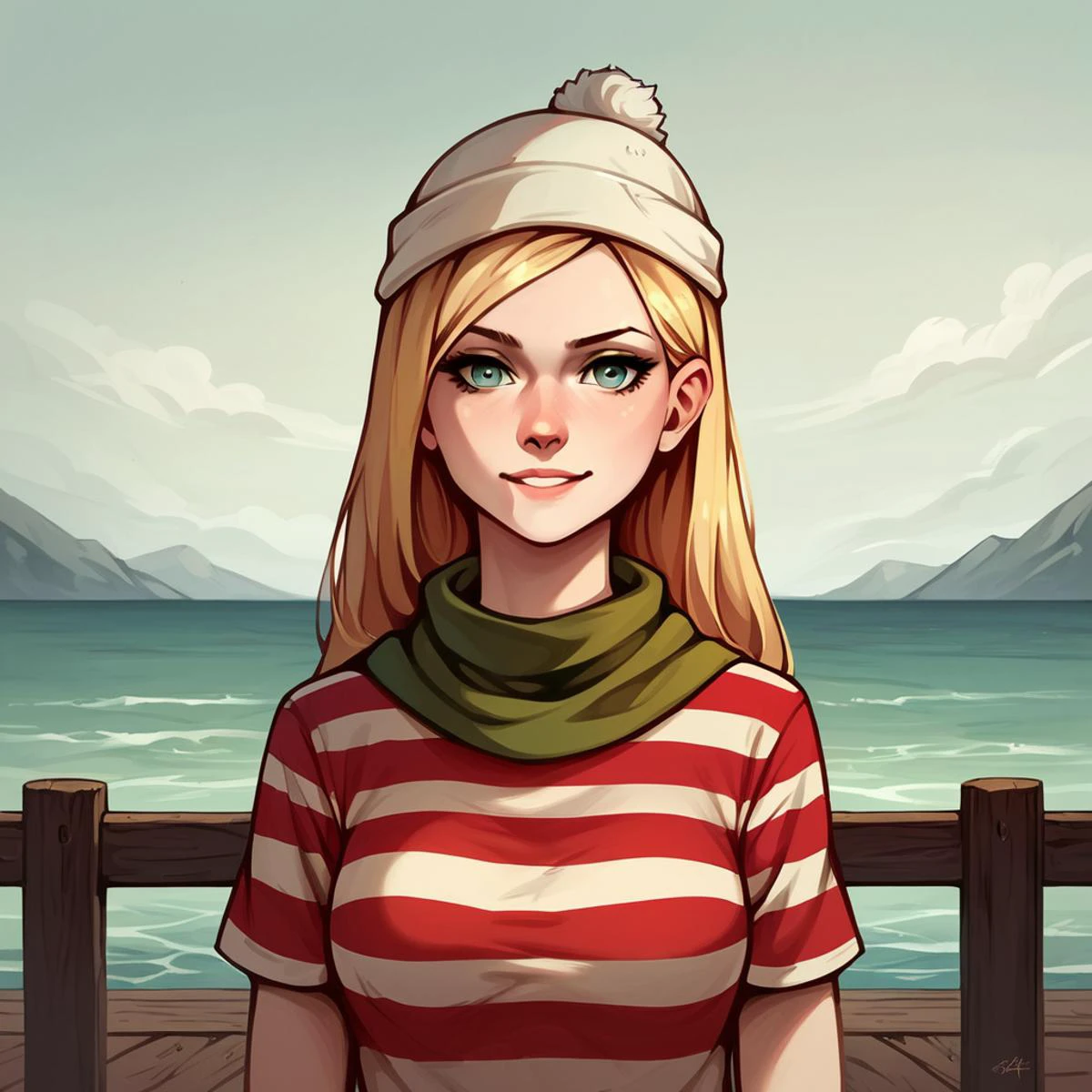 score_9, score_8_up, score_7_up, score_6_up, score_5_up, score_4_up, FLPJCK, pier, upper body, cloudy, 1girl, blonde hair, (striped shirt:1.2), scarf, hat, serious, smile <lora:flpjckv2-50:1>