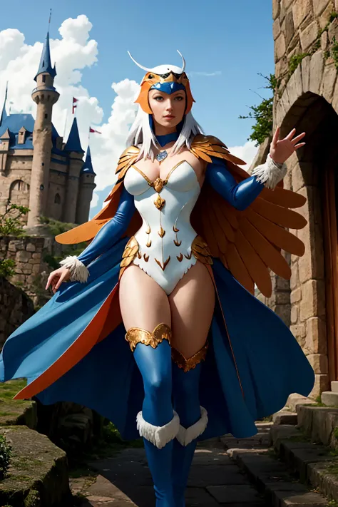 ((1girl)), full body, motu_sorceress, gorgeous woman, realistic, blue and white long sleeved v-neck bodysuit with feather detailing, eagle headdress, orange and blue feather cloak, blue boots with white fur trim, (extremely detailed 8k wallpaper), masterpiece, best quality, good hands, perfect hands,((intricate detail)), absurdres, ((perfect face)), (soft smile:1.3), dynamic angle, dynamic pose, ((fantasy castle setting:1.2)), outdoors, <lora:MotU_Sorceress_MK1-000001:0.8>