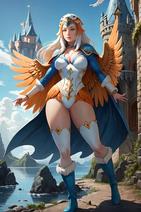 ((1girl)), full body, motu_sorceress, gorgeous woman, realistic, blue and white long sleeved v-neck bodysuit with feather detailing, eagle headdress, orange and blue feather cloak, blue boots with white fur trim, (extremely detailed 8k wallpaper), masterpiece, best quality, ((intricate detail)), absurdres, ((perfect face)), (soft smile:1.3), dynamic angle, dynamic pose, ((fantasy castle setting:1.2)), outdoors, <lora:MotU_Sorceress_MK1-000001:0.8>