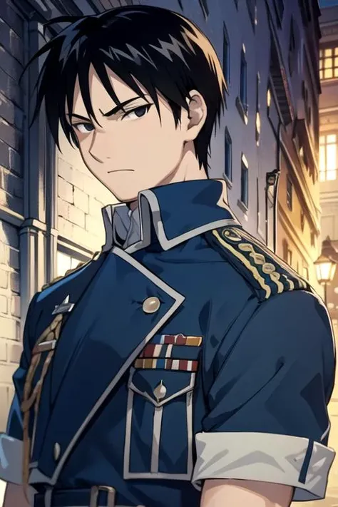masterpiece, best quality, game cg, 1boy, solo, male focus, looking at viewer, upper body, , , , <lora:roy_mustang:0.68>, roy_mustang, black hair, black eyes, funny costume, summer,