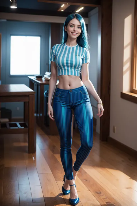 Masterpiece,best quality,cinematic lighting,8k,realistic background,1girl,solo,full body,long hair,smile,
<lora:Striped_Pjs_By_Stable_Yogi:1>,(aqua blue striped pants),(iridescence striped shirt),