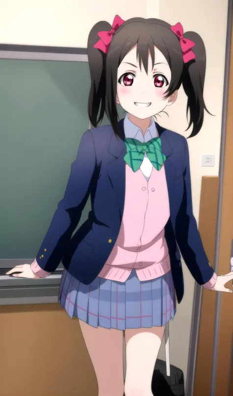 best quality, masterpiece, absurdres, yazawa nico, black hair, red eyes, short twintails, red bow, flat chest, otonokizaka school uniform, school uniform, green bowtie, pink cardigan, white collared shirt, blue blazer, pleated skirt, <lora:Kizuki - Love Live - Yazawa Nico:0.8>, smile, grin, happy, looking at viewer,