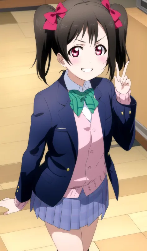 best quality, masterpiece, absurdres, yazawa nico, black hair, red eyes, short twintails, red bow, flat chest, otonokizaka school uniform, school uniform, green bowtie, pink cardigan, white collared shirt, blue blazer, pleated skirt, <lora:Kizuki - Love Live - Yazawa Nico:0.8>, smile, grin, happy, looking at viewer, at park,