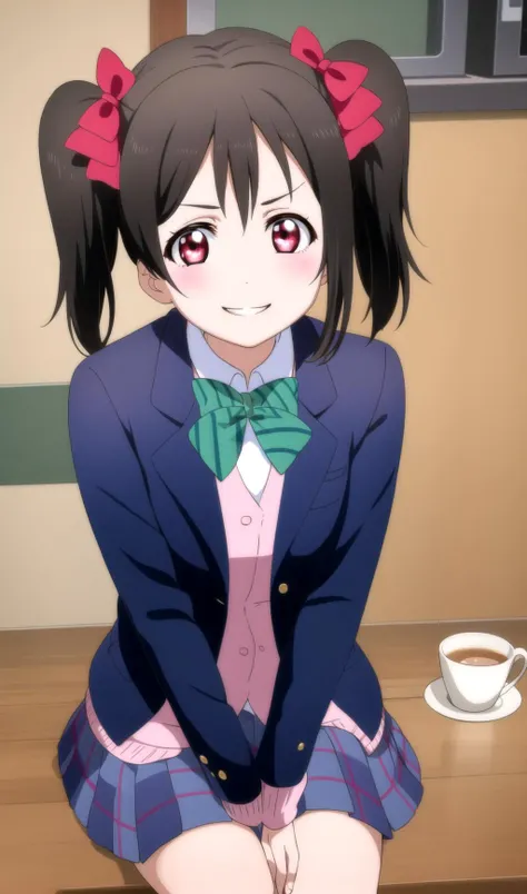 best quality, masterpiece, absurdres, yazawa nico, black hair, red eyes, short twintails, red bow, flat chest, otonokizaka school uniform, school uniform, green bowtie, pink cardigan, white collared shirt, blue blazer, pleated skirt, <lora:Kizuki - Love Live - Yazawa Nico:0.8>, smile, grin, happy, looking at viewer, sitting at cafe, cafe, cup of tea, sitting on chair, table,