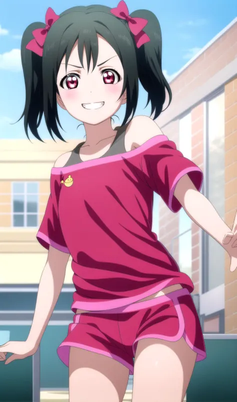 best quality, masterpiece, absurdres, yazawa nico, black hair, red eyes, short twintails, red bow, flat chest, red top, off shoulder, sports bra, training outfit, short shorts, <lora:Kizuki - Love Live - Yazawa Nico:0.8>, smile, grin, happy, looking at viewer,
