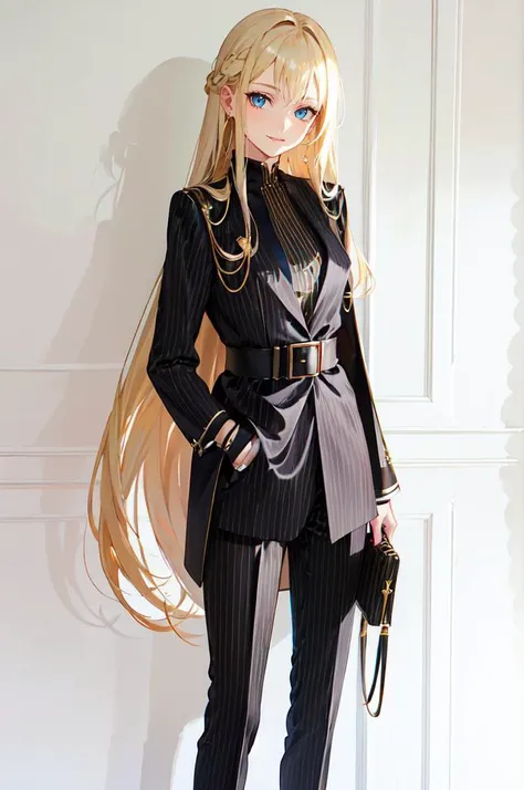 <lora:su1t:0.75> su1t, long sleeves, belt, pants, suit, hand in pocket, handbag, pinstripe pattern, highheels,, absurdres, ultra detailed, masterpiece, best quality, aesthetic, detailed,, solo, soft smile, light smile,
katya1, 1girl, blue eyes, very long hair, blonde hair, long blonde hair, french braid, bangs, medium breasts,