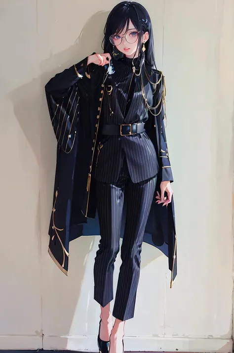 <lora:su1t:0.75> su1t, long sleeves, belt, pants, suit, pinstripe pattern, highheels, <lora:LIP:1> (LilyPichuTI:0.9), glasses,, absurdres, ultra detailed, masterpiece, best quality, aesthetic, detailed,