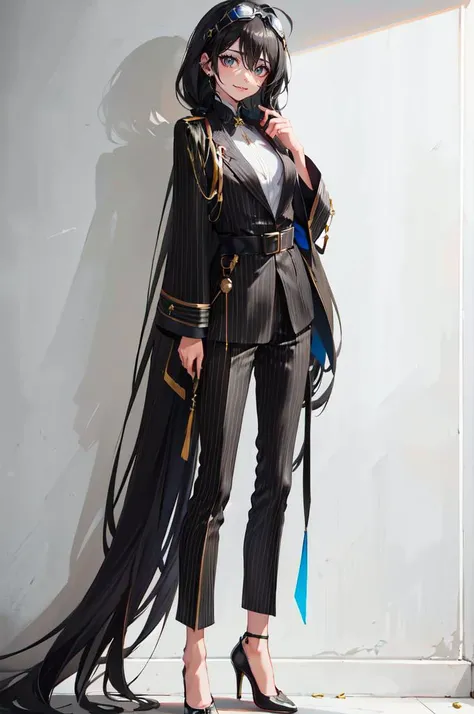 <lora:su1t:0.75> su1t, long sleeves, belt, pants, suit, pinstripe pattern, highheels, (goggles on head:1.1),, absurdres, ultra detailed, masterpiece, best quality, aesthetic, detailed,, katya1, solo, smile, 1girl, aqua eyes, black hair, <lora:low_ponytail-1.0:0.7> low ponytail, ahoge, absurdly long hair, very long hair, hair flaps, hair between eyes, bangs, crossed bangs, messy hair, small breasts, goggles on head, closed mouth,