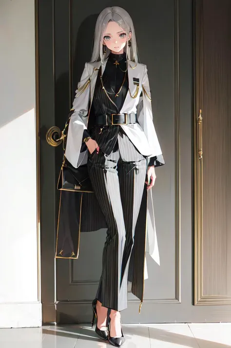 <lora:su1t:0.75> su1t, long sleeves, belt, pants, suit, hand in pocket, handbag, pinstripe pattern, highheels,, absurdres, ultra detailed, masterpiece, best quality, aesthetic, detailed,, serious, 1girl, (white eyes:1.1), (grey eyes:1.3), white hair, very long hair, parted hair, parted bangs, <lora:parted_hair_v1.3:1.3>, medium breasts,