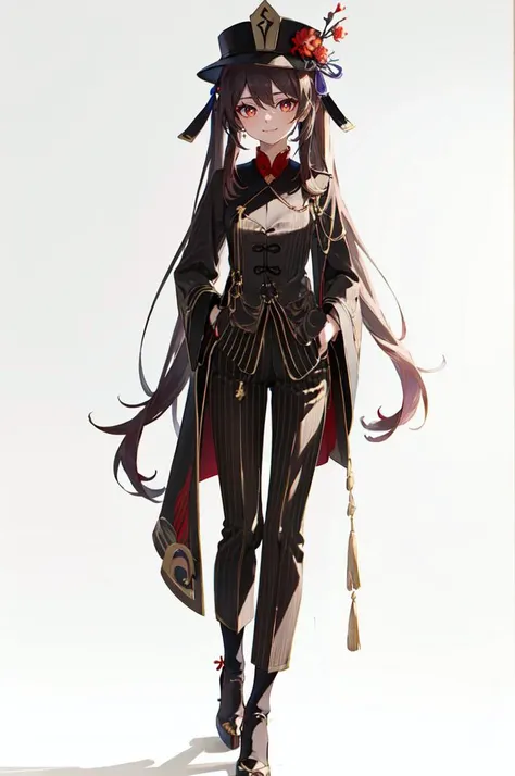 <lora:su1t:0.75> su1t, long sleeves, belt, pants, suit, pinstripe pattern, highheels, <lora:Hu_Tao_Genshin:0.5> Hu_Tao_Genshin, 1girl, solo, long hair, red eyes, brown eyes, flower-shaped pupils, twintails, hu tao \(genshin impact\), hat, long sleeves, hat flower, jewelry, chinese clothes, shorts, smile, hands in pockets,, absurdres, ultra detailed, masterpiece, best quality, aesthetic, detailed,