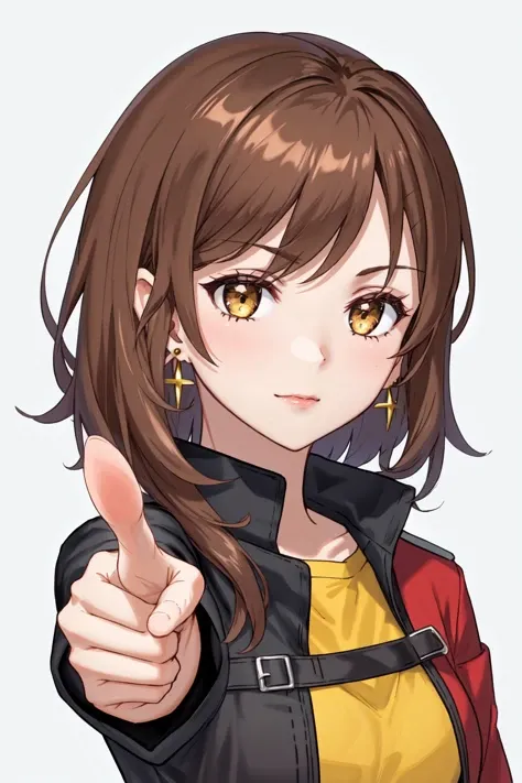 1girl, brown hair,  color guide, earrings,  old, pointing, simple background, solo,