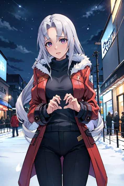 masterpiece, best quality,  <lora:azureelise-nvwls-v1-000010:0.9> defelise, red coat, winter coat, fur trim, sweater, black pants, cowboy shot, snow, night sky, winter, city street