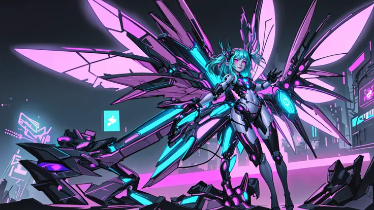 fairy, fairy wings, cyborg, neon, face <lora:more_details:0.5>