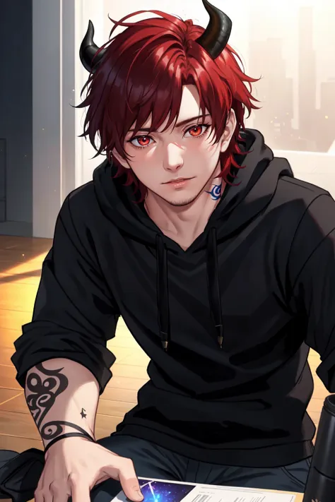 a boy with red hair and a hoodie in the city, in the style of catcore, nene thomas, comic book-like, simplified and stylized portraits, he jiaying, androgynous, animated gifs LimitBreakStyler Luci-Fer NeonLighting NeonLightingScene