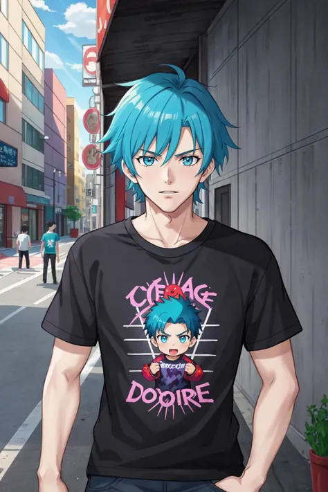 a young boy in street punk anime tshirt and purple tee, in the style of aggressive digital illustration, devilcore, cyan and black, cabincore, handsome, low resolution, photo taken with provia