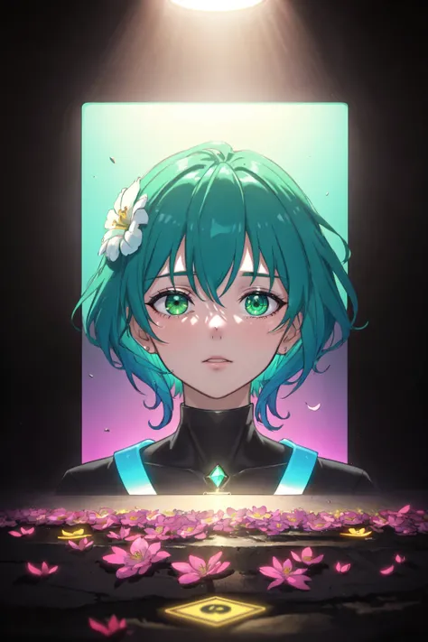 an octopus card with flowers and green hair, in the style of animecore, baroque exaggeration, tarot card, pretty, gemstone, i can't believe how beautiful this is, serene faces NeonLighting NeonLightingScene