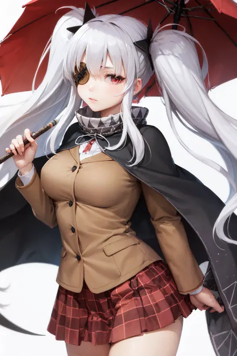 (masterpiece, best quality:1.2), <lora:senrankagura_yagyuu-10:1>, cowboy shot, solo, 1girl, yagyuu \(senran kagura\), expressionless, closed mouth, looking at viewer, twintails, hair ornament, eyepatch, school uniform, cape, plaid skirt, large breasts