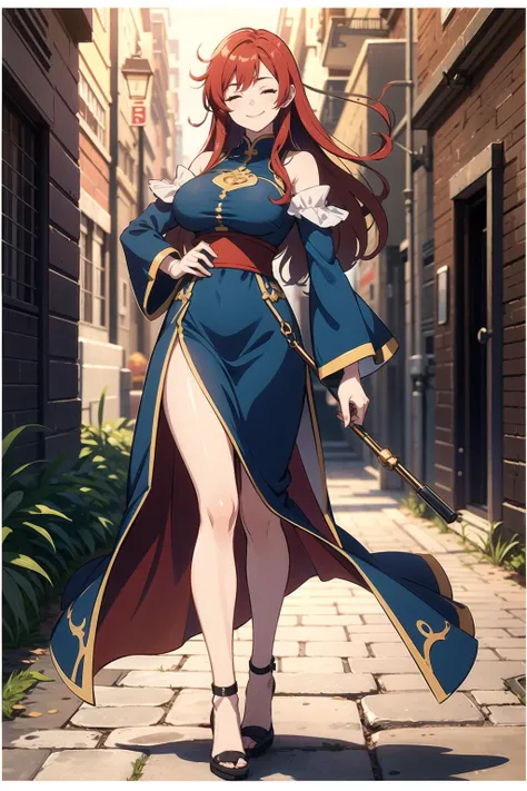 <lora:wendy-10:1>, 1girl, closed eyes, red hair, long hair, large breast, medieval dress, facing viewer, smile, full body,
