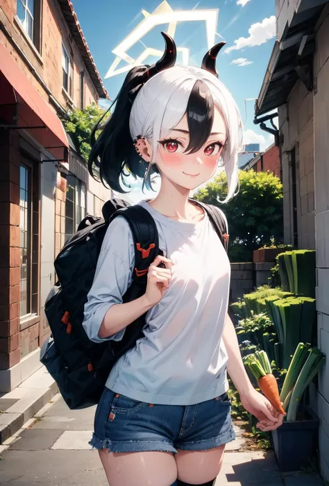 masterpiece, best quality, cowboy shot, looking at viewer, smile, 1girl, blush, thighs, low wings, single wing, wings, kayoko, red eyes, black hair, white hair, hair between eyes, multicolored hair, two-tone hair, black ponytail, ear piercing, demon horns, halo, horns, two-tone hair, <lora:kayoko_scarxzys:1>, cowboy shot, , striped thighhighs, bra, small breasts, carrying a lot of groceries, heavy plastic bags, big backpack, carrying on head, large bags, vegetables, carrots, leeks, baguettes, tomatoes, white milk cartons, in the street, pane, cars, shop, doors, windows, sweat, struggling, shaking, [kanji:20], saturation, contrast,