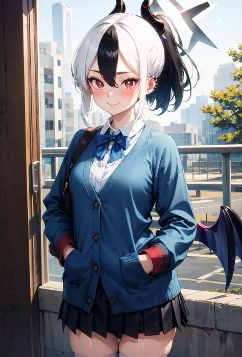 masterpiece, best quality, cowboy shot, looking at viewer, smile, 1girl, blush, thighs, low wings, single wing, wings, kayoko, red eyes, black hair, white hair, hair between eyes, multicolored hair, two-tone hair, black ponytail, ear piercing, demon horns, halo, horns, two-tone hair, <lora:kayoko_scarxzys:1>, cowboy shot, ,white thighhighs, blue bowtie, blue hair ribbon, blue cardigan, long sleeves, black skirt, mini skirt, pleated skirt, hand on pocket