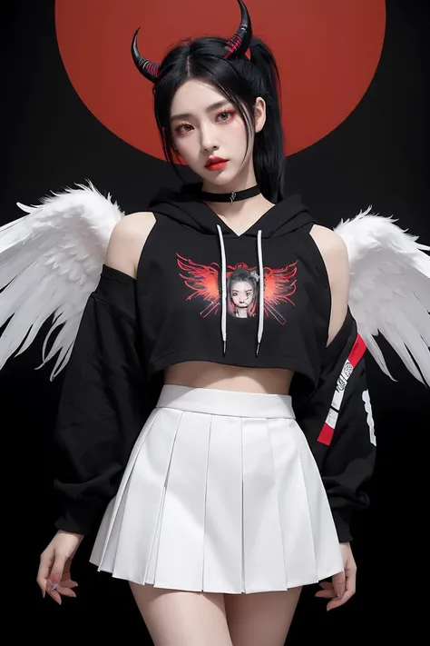 (masterpiece, best quality), 1girl, <lora:kayoko_scarxzys:0.8> kayoko, red eyes, black hair, white hair, hair between eyes, multicolored hair, two-tone hair, black ponytail, ear piercing, demon horns, halo, horns, wings, low wings, single wing, two-tone hair, choker,  black hoodie, mini skirt, pleated skirt, red skirt,