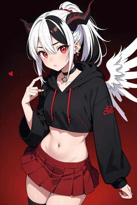 (masterpiece, best quality), 1girl, <lora:kayoko_scarxzys:0.8> kayoko, red eyes, black hair, white hair, hair between eyes, multicolored hair, two-tone hair, black ponytail, ear piercing, demon horns, halo, horns, wings, low wings, single wing, two-tone hair, choker,  black hoodie, mini skirt, pleated skirt, red skirt,