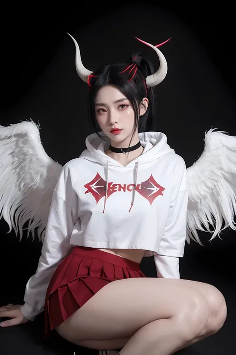 (masterpiece, best quality), 1girl, <lora:kayoko_scarxzys:0.8> kayoko, red eyes, black hair, white hair, hair between eyes, multicolored hair, two-tone hair, black ponytail, ear piercing, demon horns, halo, horns, wings, low wings, single wing, two-tone hair, choker,  black hoodie, mini skirt, pleated skirt, red skirt,