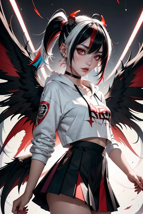 (masterpiece, best quality), 1girl, <lora:kayoko_scarxzys:0.8> kayoko, red eyes, black hair, white hair, hair between eyes, multicolored hair, two-tone hair, black ponytail, ear piercing, demon horns, halo, horns, wings, low wings, single wing, two-tone hair, choker,  black hoodie, mini skirt, pleated skirt, red skirt,