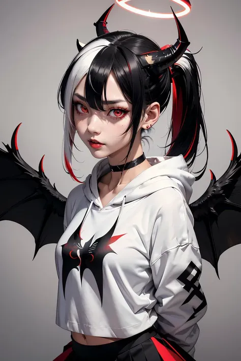 (masterpiece, best quality), 1girl, <lora:kayoko_scarxzys:0.8> kayoko, red eyes, black hair, white hair, hair between eyes, multicolored hair, two-tone hair, black ponytail, ear piercing, demon horns, halo, horns, wings, low wings, single wing, two-tone hair, choker,  black hoodie, mini skirt, pleated skirt, red skirt,